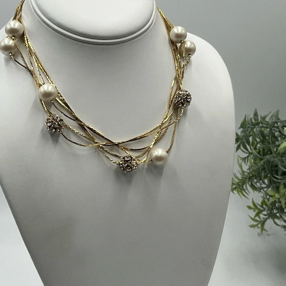 Kate Spade NY Gold Plated Triple Strand Faux Pearl Pave Beads Long Necklace